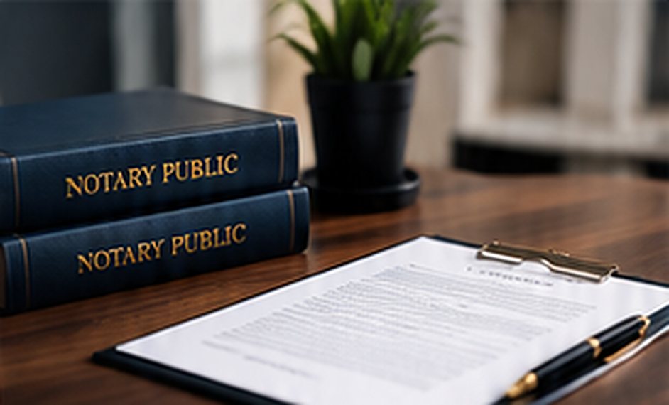 Notary public books and a document on a clipboard
